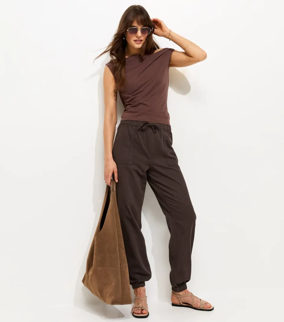Women's Tall Dark Brown Cotton Cuffed Twill Cargo Trousers