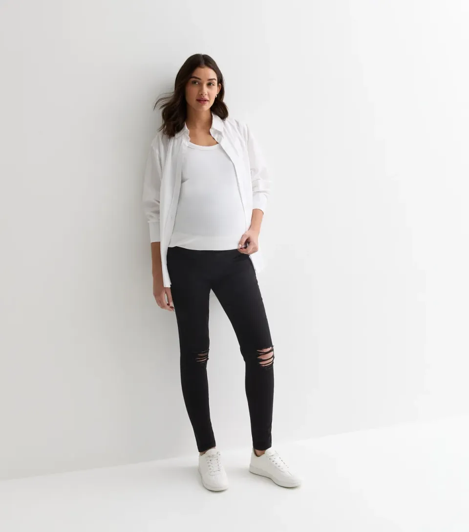 Women's Maternity Black Lift & Shape Ripped Over Bump Emilee Jeggings