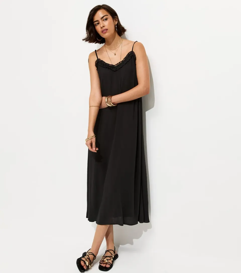 Women's Black Frilly Trim Strappy Midi Dress