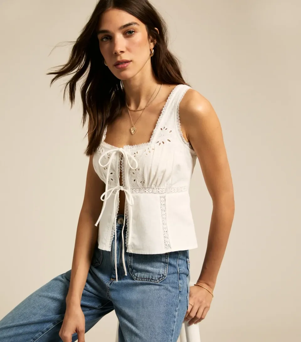 Women's White Broderie Anglaise Tie Front Cami Top
