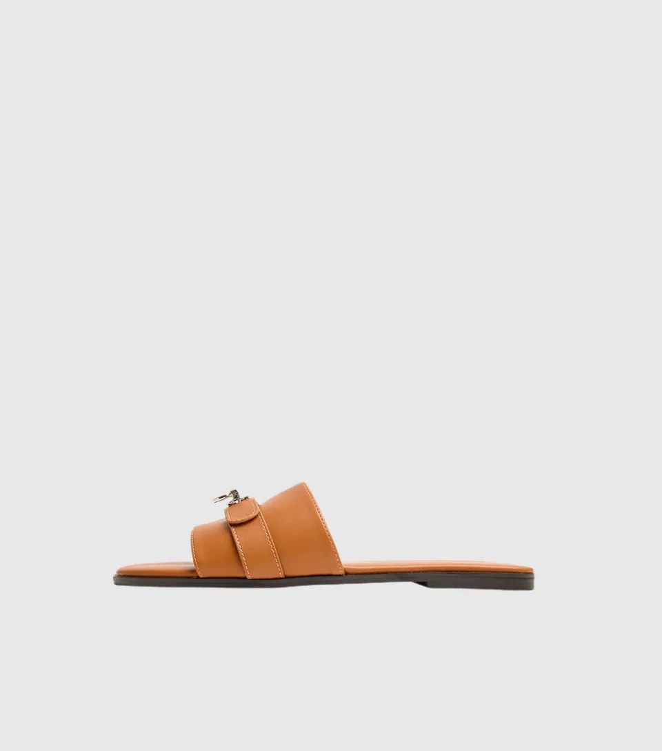 Women's Brown Radiance Faux Leather Buckle Trim Flat Sandals