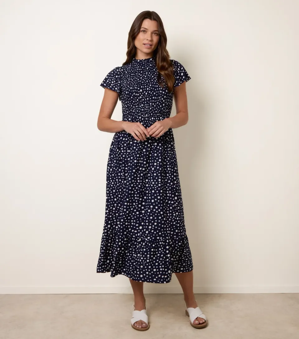 Women's Navy Spotty Shirred Midi Dress