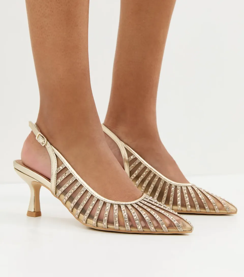 Women's Wide Fit Gold Bling Mesh Slingback Court Shoes Vegan