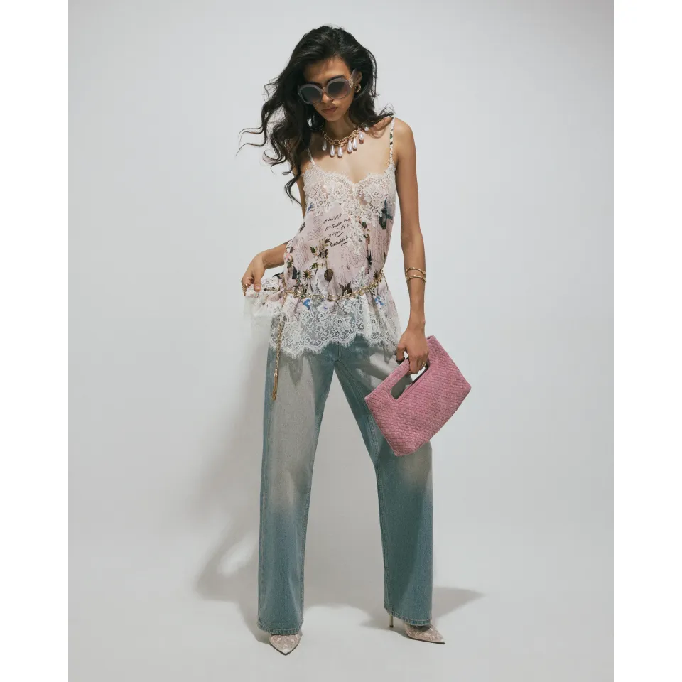 Script Print Lace Cami Top