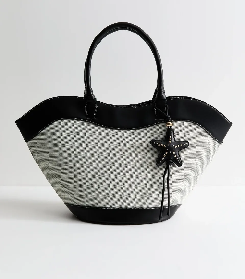Black Scooped Top Woven Tote Bag