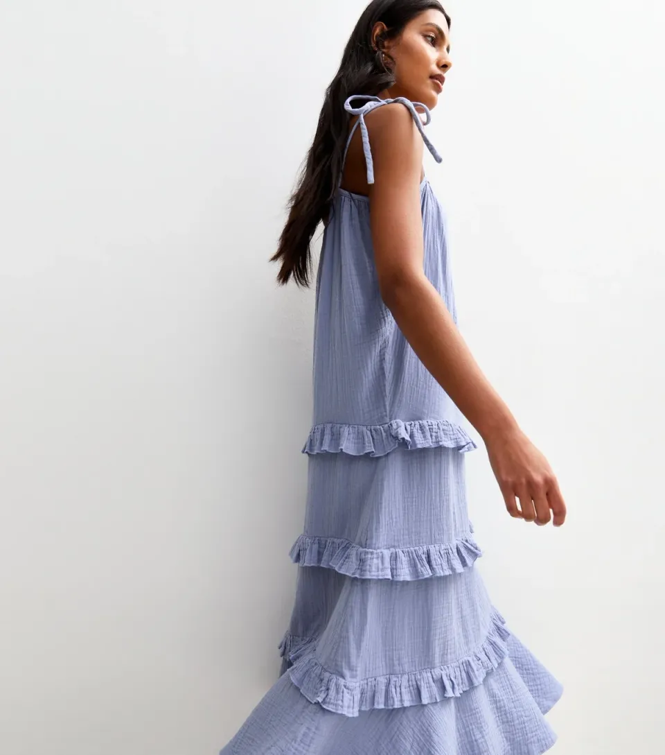 Women's Khaki Crinkled Frilly Trim Midi Dress