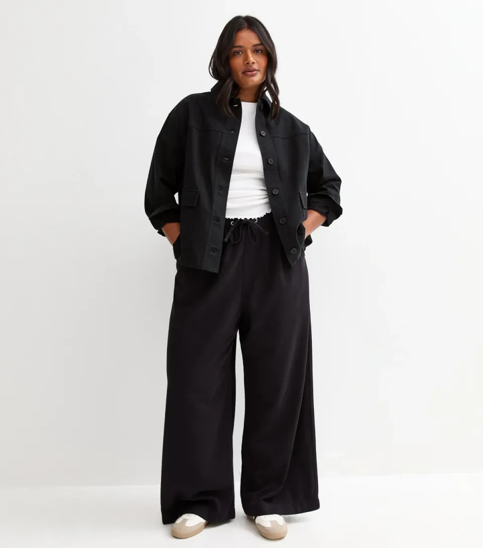 Women's Plus Size Black Cotton Twill Wide Leg Trousers Curves