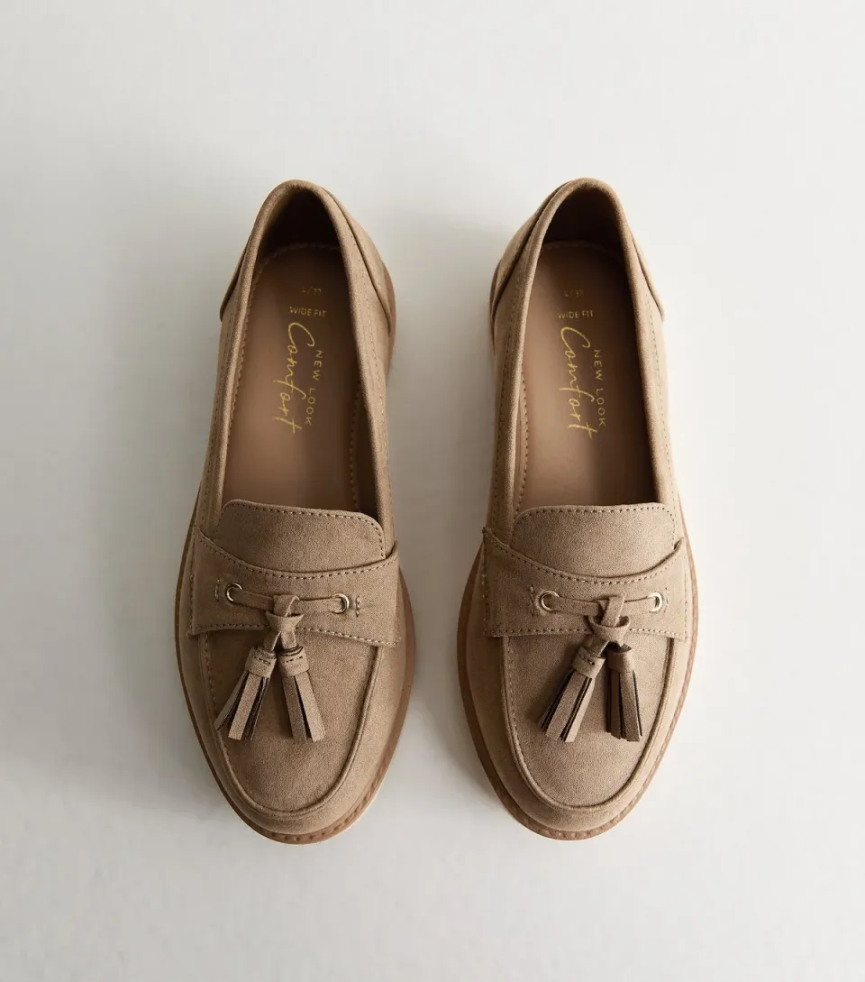 Women's Wide Fit Light Brown Faux Suede Flatform Loafers Vegan