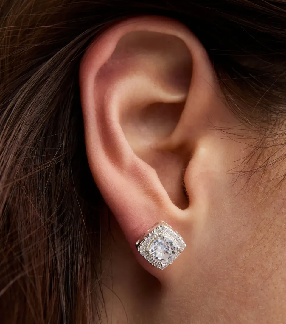 Silver Cubic Zirconia Square Stud Earrings