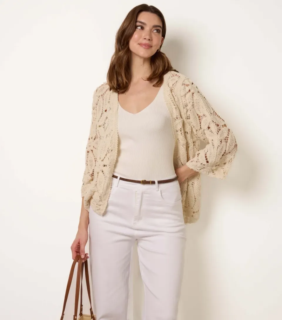 Women's Stone Floral Crochet Cardigan