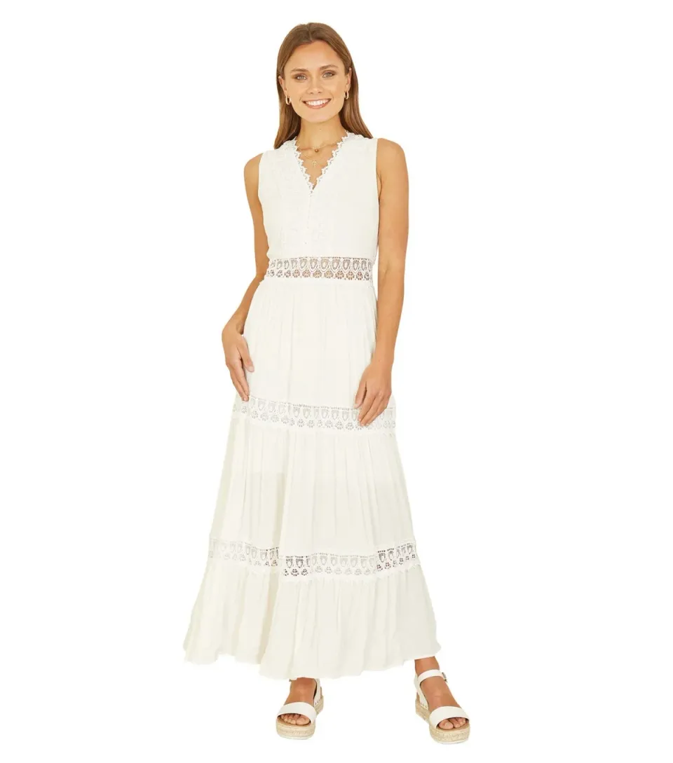 Women's White Lace Trim Tiered Midi Dress