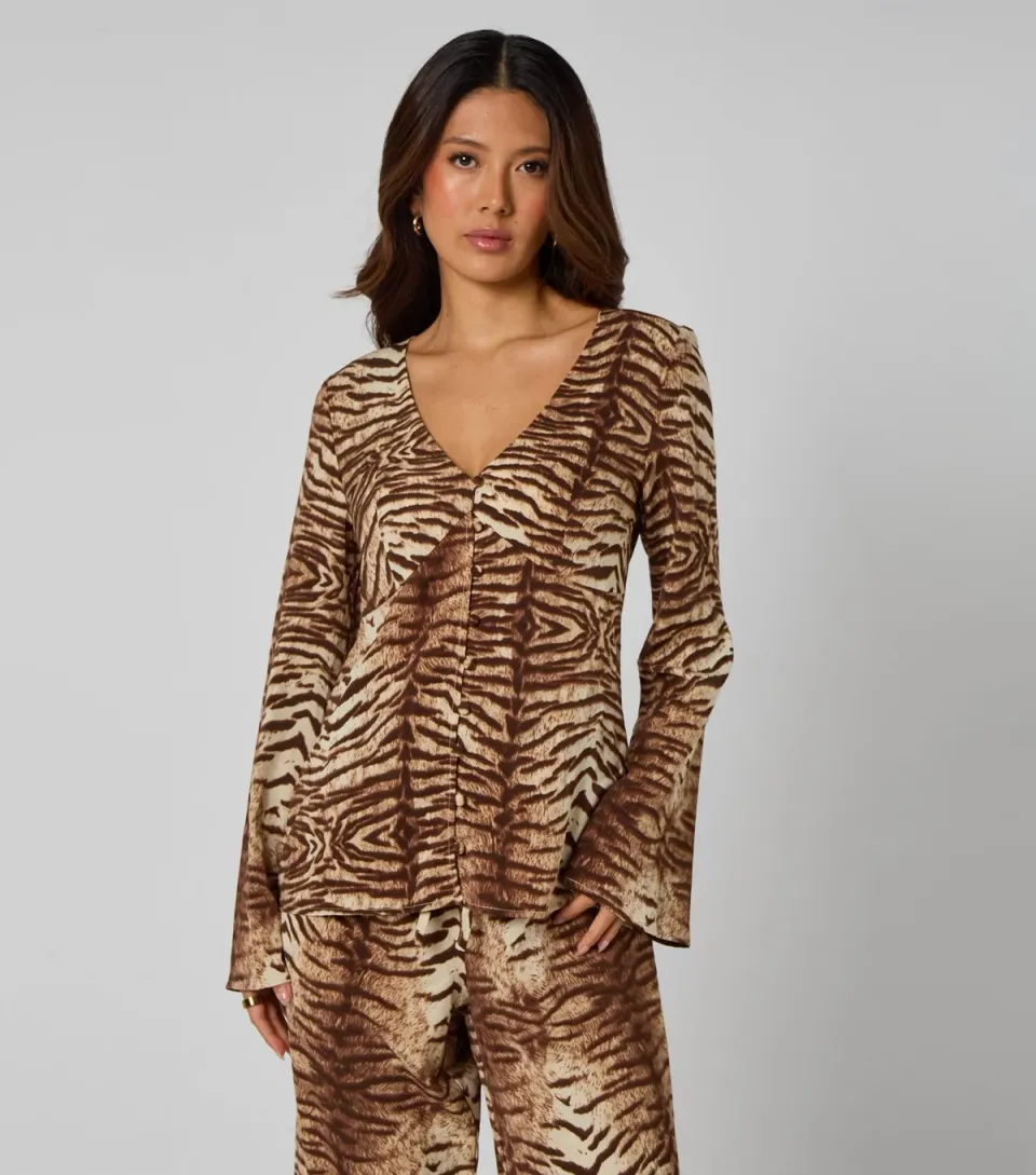 Women's Brown Zebra Print Flared Sleeve Top