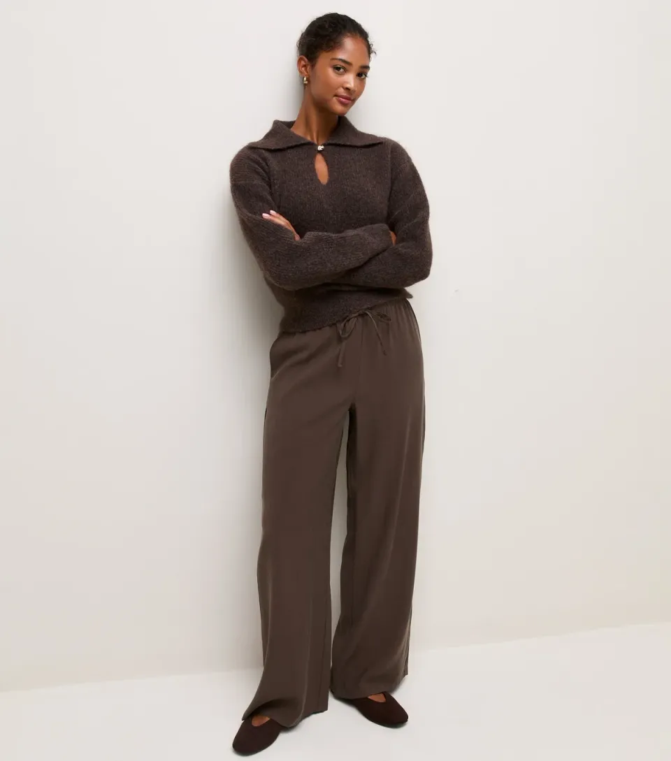 Women's Dark Brown Woven Drawstring Waist Wide Leg Trousers