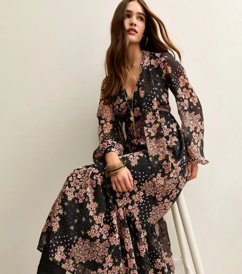 Women's Black Floral Print Tie Neck Chiffon Midi Dress