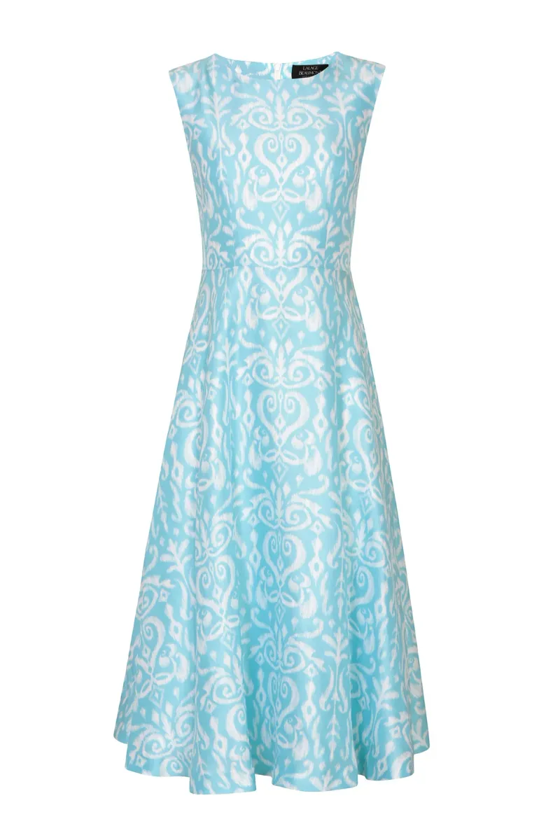 Lettie Dress in Aqua Ikat Printed Silk Shantung