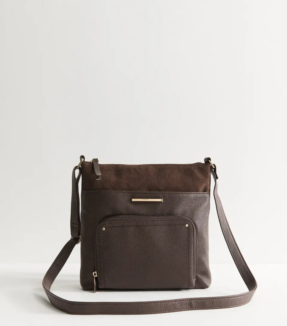 Dark Brown Faux Leather and Suede Messenger Bag