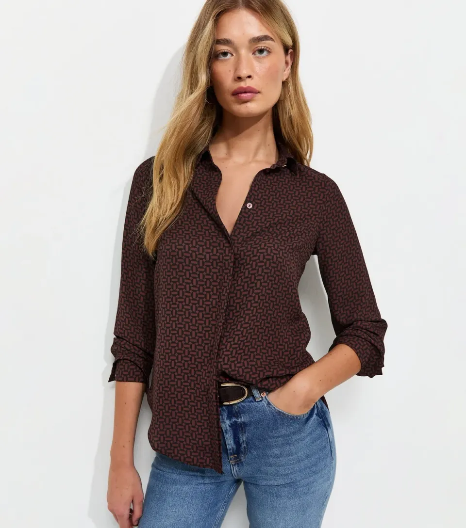 Women's Tall Red Geometric Print Long Sleeve Shirt