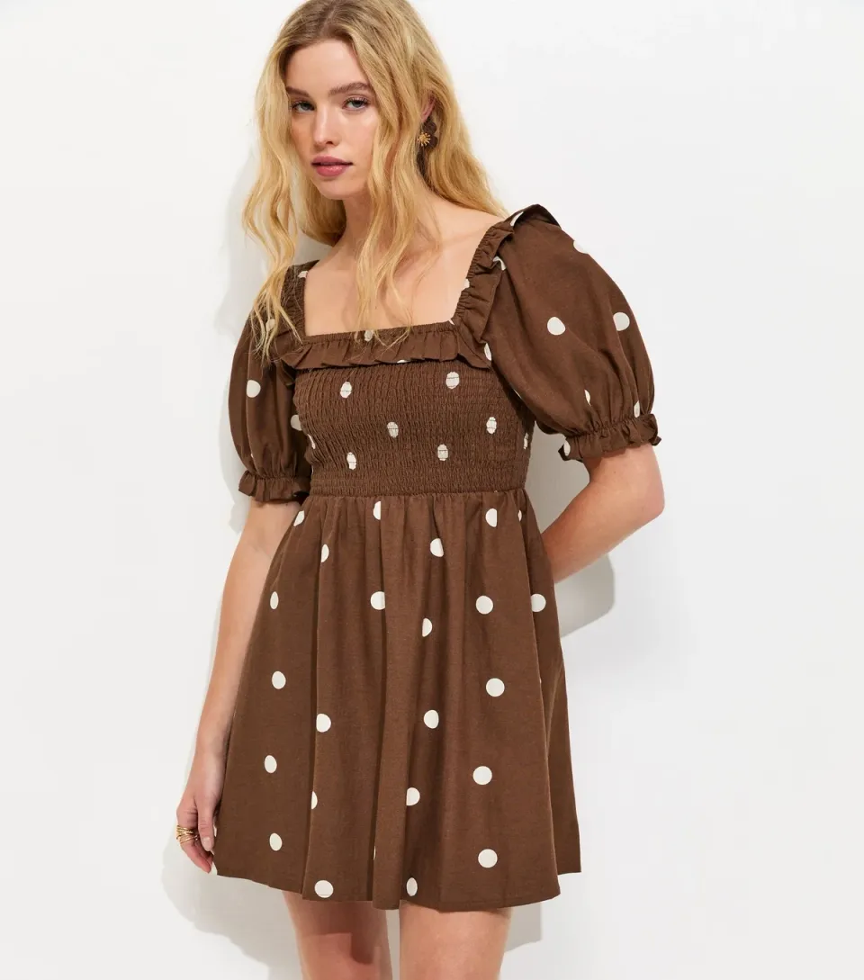 Women's Brown Polka Dot Shirred Short Sleeve Mini Dress