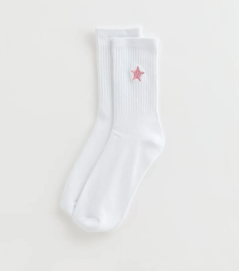 White Starfish Embroidered Ankle Socks