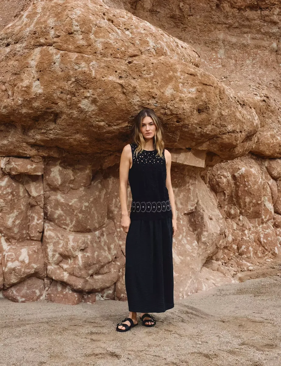 Pure Cotton Crochet Style Double Cloth Mix Midi Dress Black