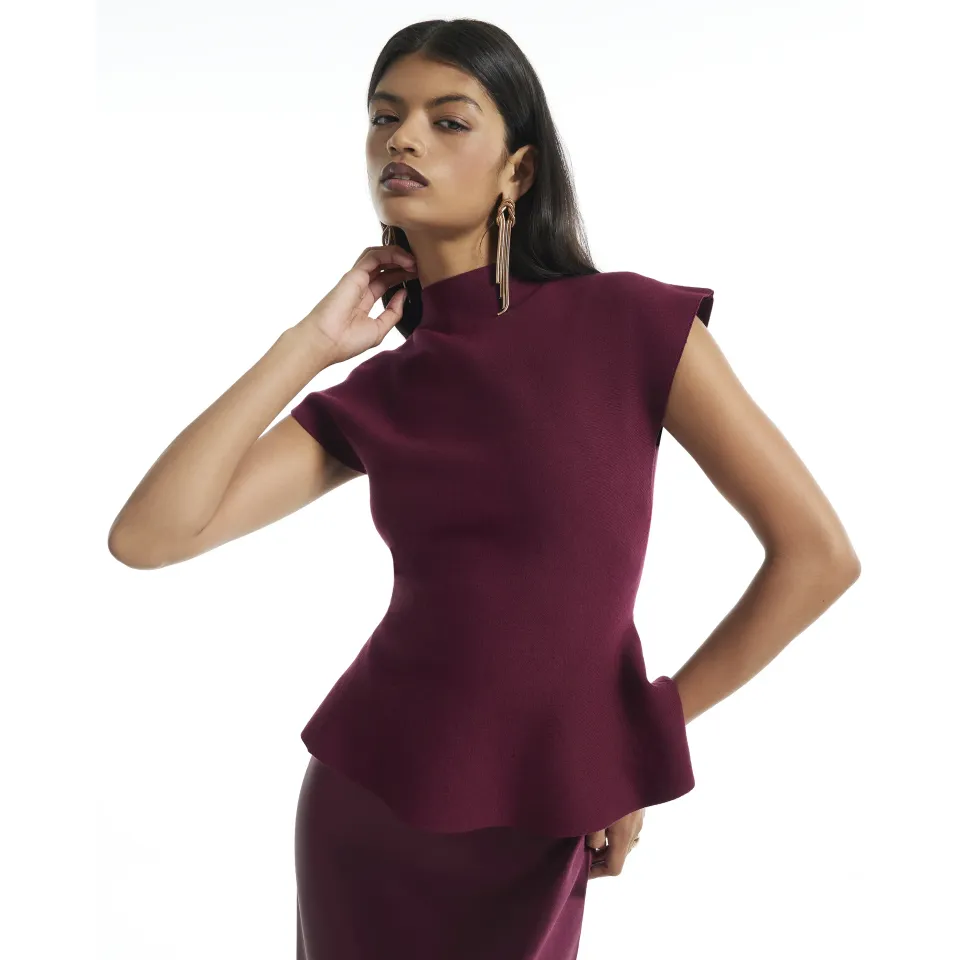 Burgundy Hybrid Satin Knit Peplum Maxi Dress