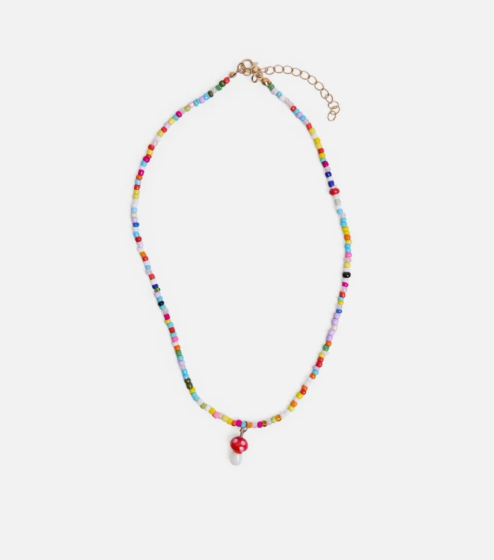 Multicoloured Beaded Mushroom Pendant Necklace