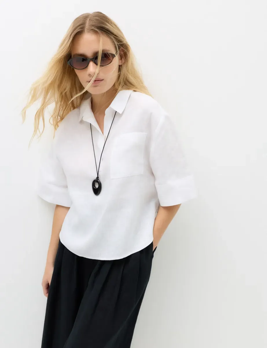 Pure Linen V-Neck Relaxed Top White