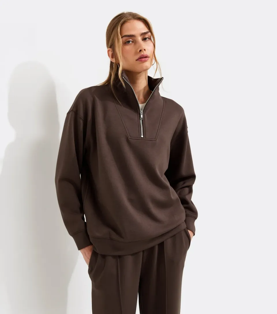 Women's Premium Brown Three Quarter Zip Sweatshirt