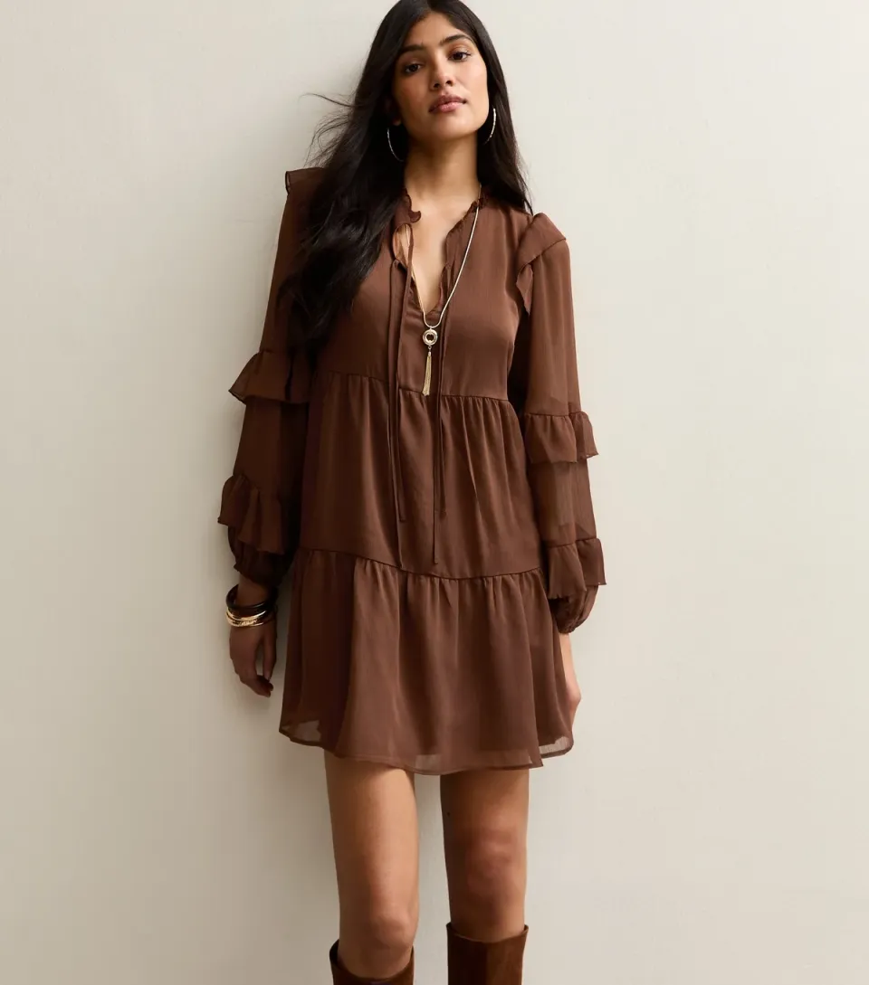 Women's Black Ruffle Trimmed Tie Neck Chiffon Mini Dress