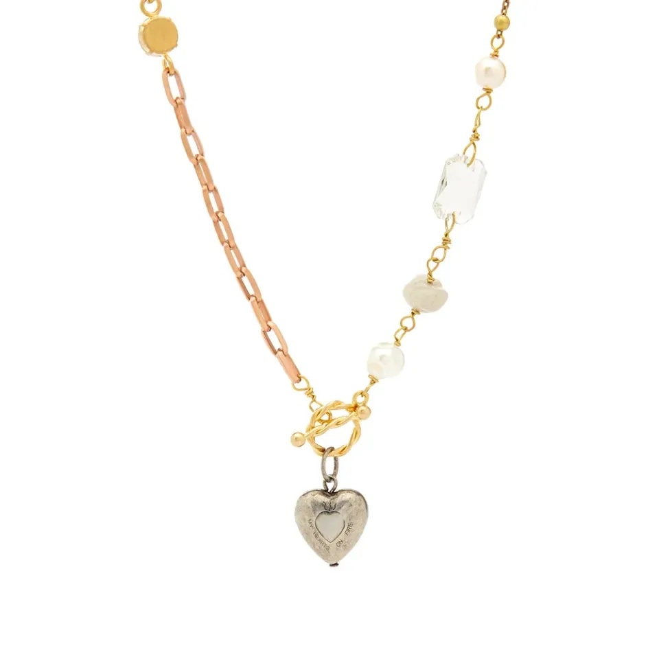 Pearl And Glass Stone Heart Pendant Necklace