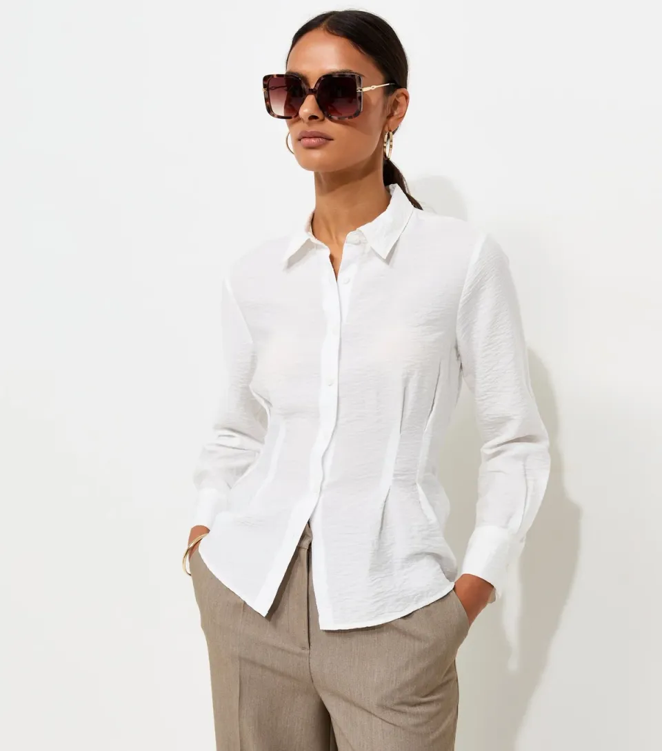 Women's White Crinkle Texture Gathered Waist Shirt