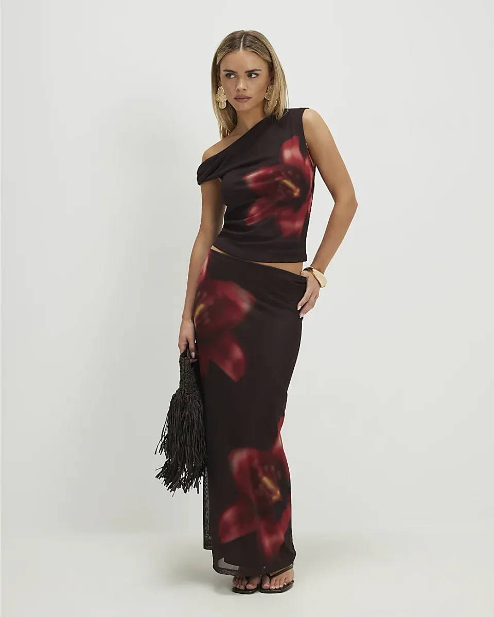 Petite Mesh Floral Print Maxi Skirt