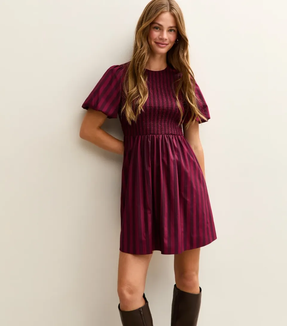 Women's Red Striped Puff Sleeve Mini Dress