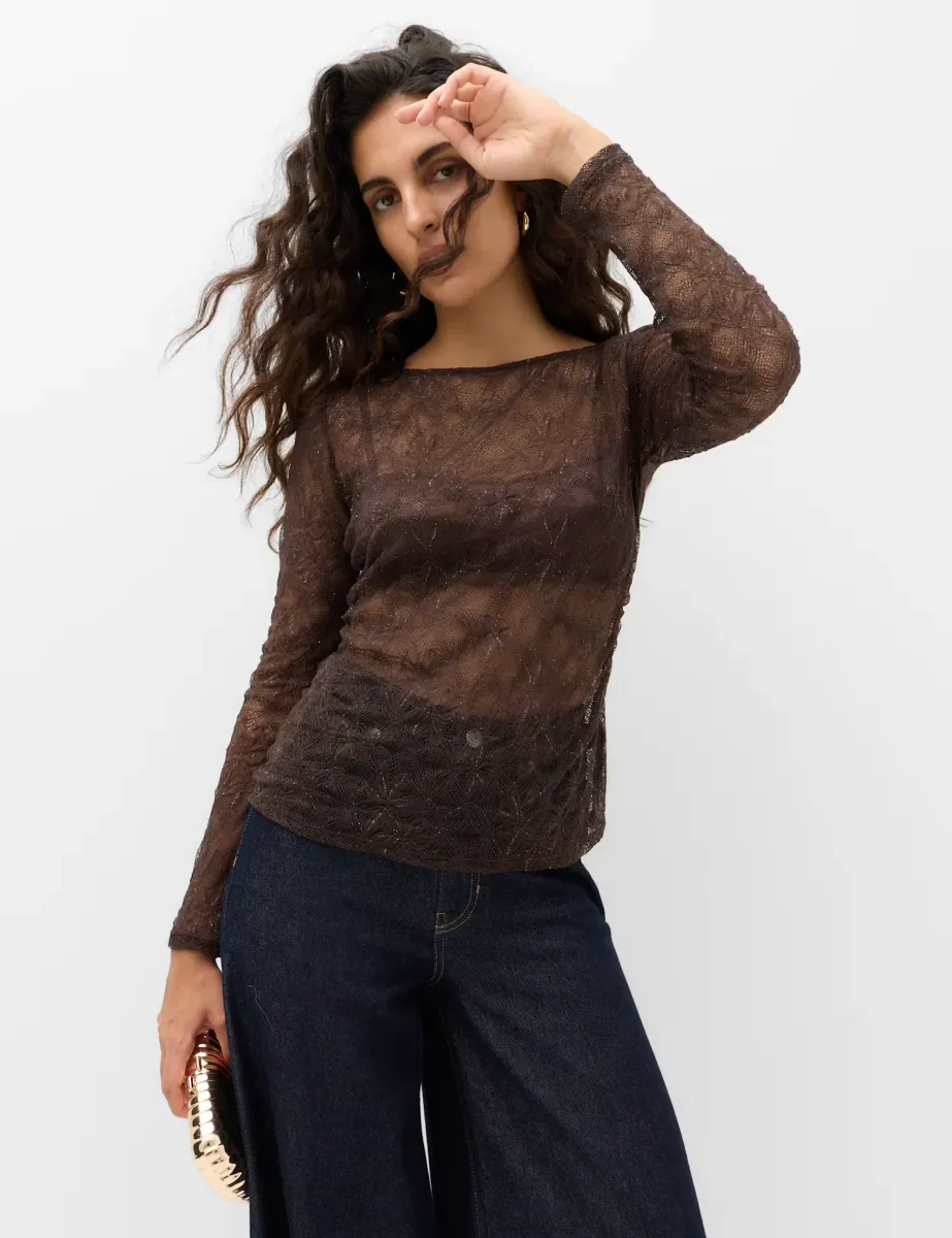 Sparkly Lace Slash Neck Regular Fit Top