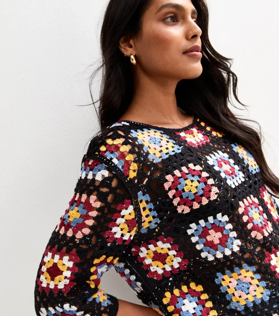 Women's Black Crochet Patchwork Pattern Jumper