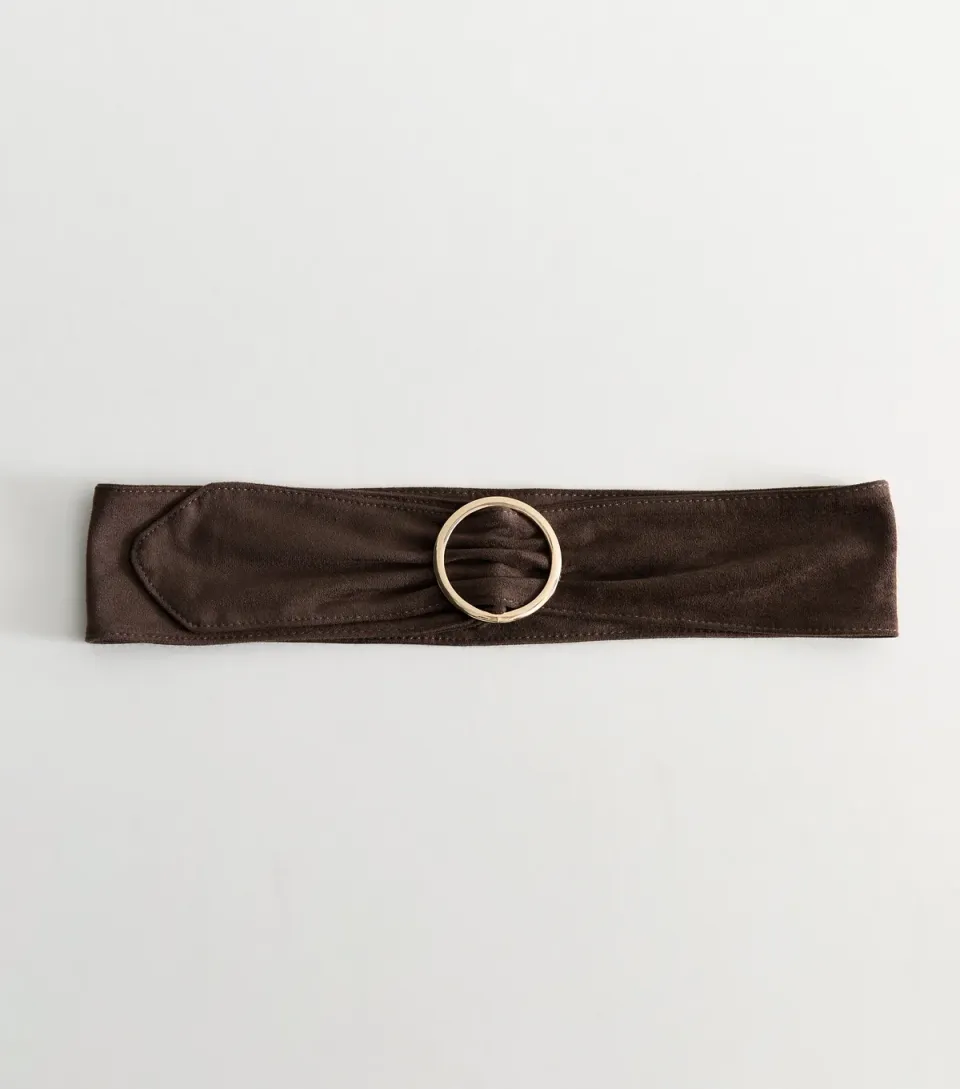 Dark Brown Faux Suede Wide Circle Buckle Belt