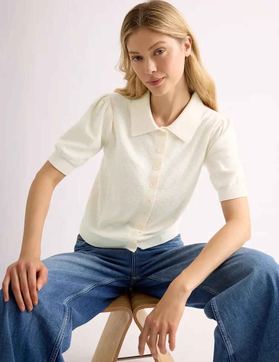 Cotton Blend Pointelle Button Through Top Cream