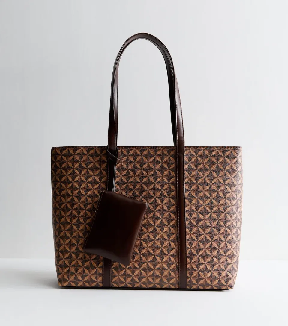 Brown Faux Leather Geometric Printed Tote Bag Vegan