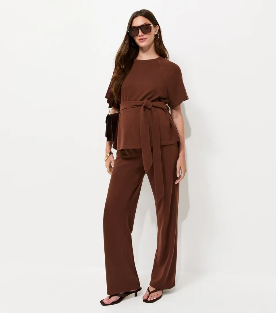Women's Maternity Brown Soft Touch Short Sleeve Tie Waist Top