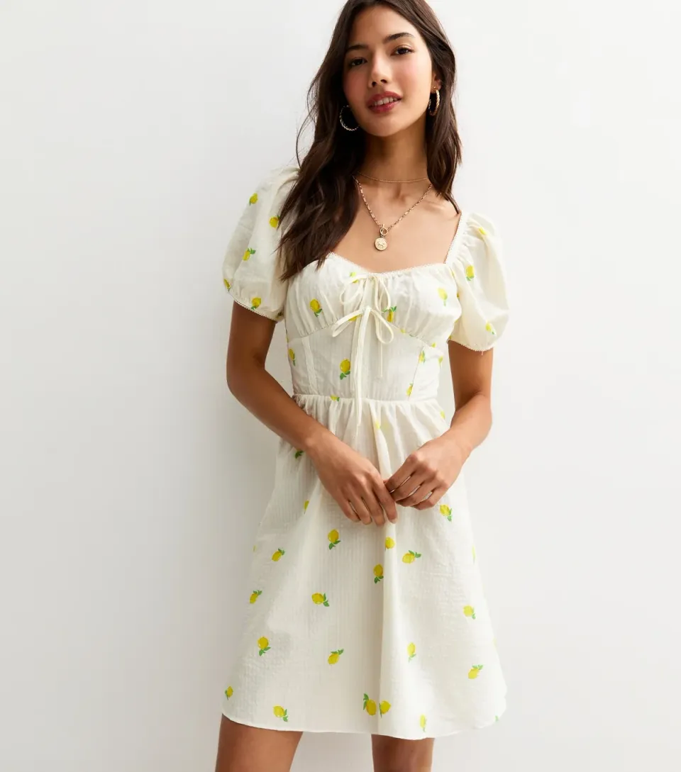 Women's Cream Lemon Print Milkmaid Mini Dress