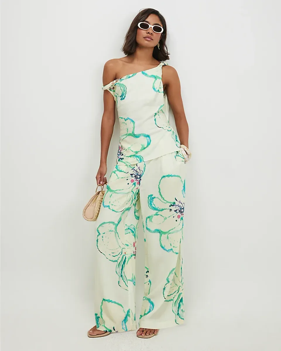 Linen Blend Printed Wide Leg Trousers