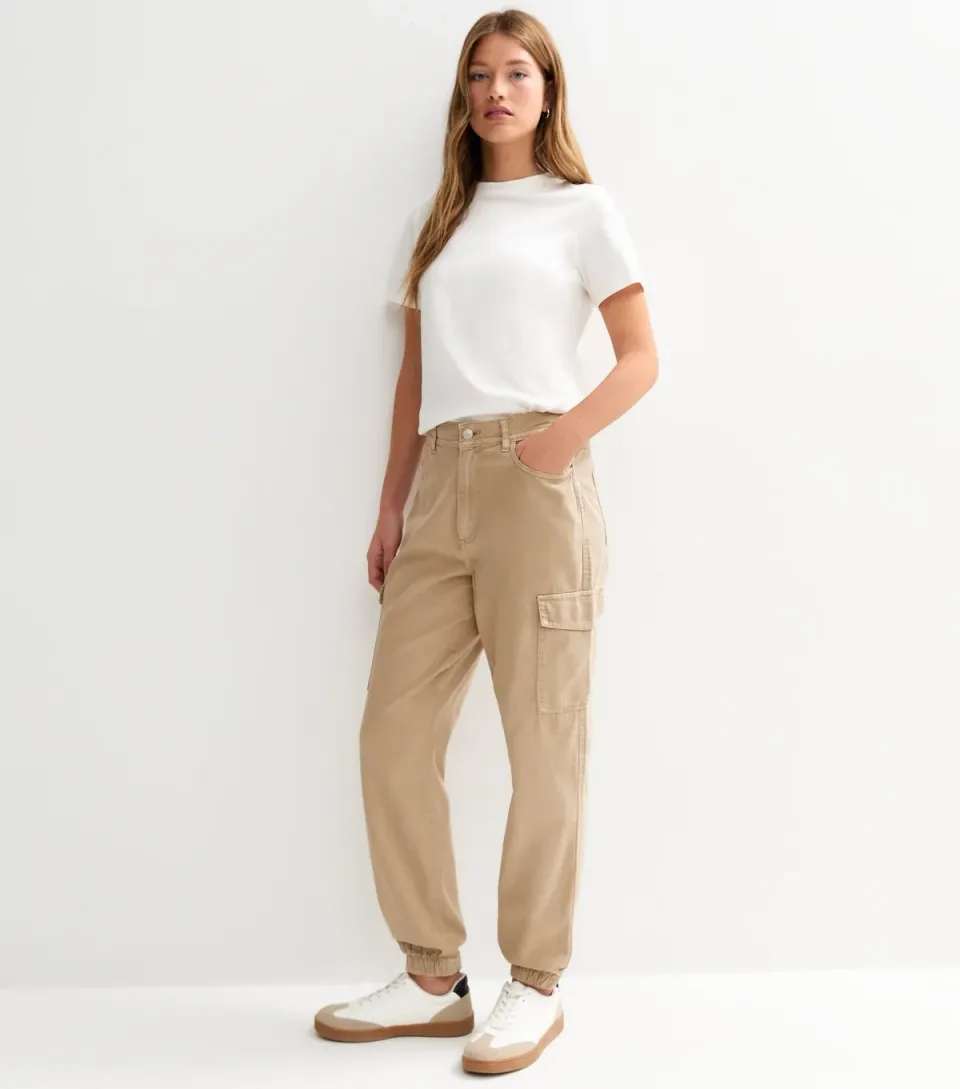 Women's Stone Denim Cuffed Cargo Trousers