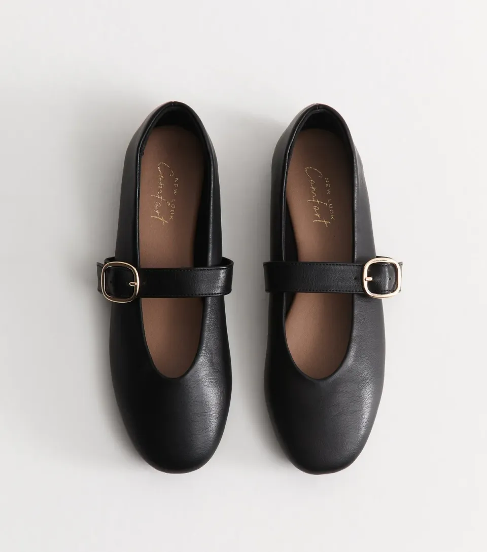 Women's Black Faux Leather Mary Jane Flats Vegan