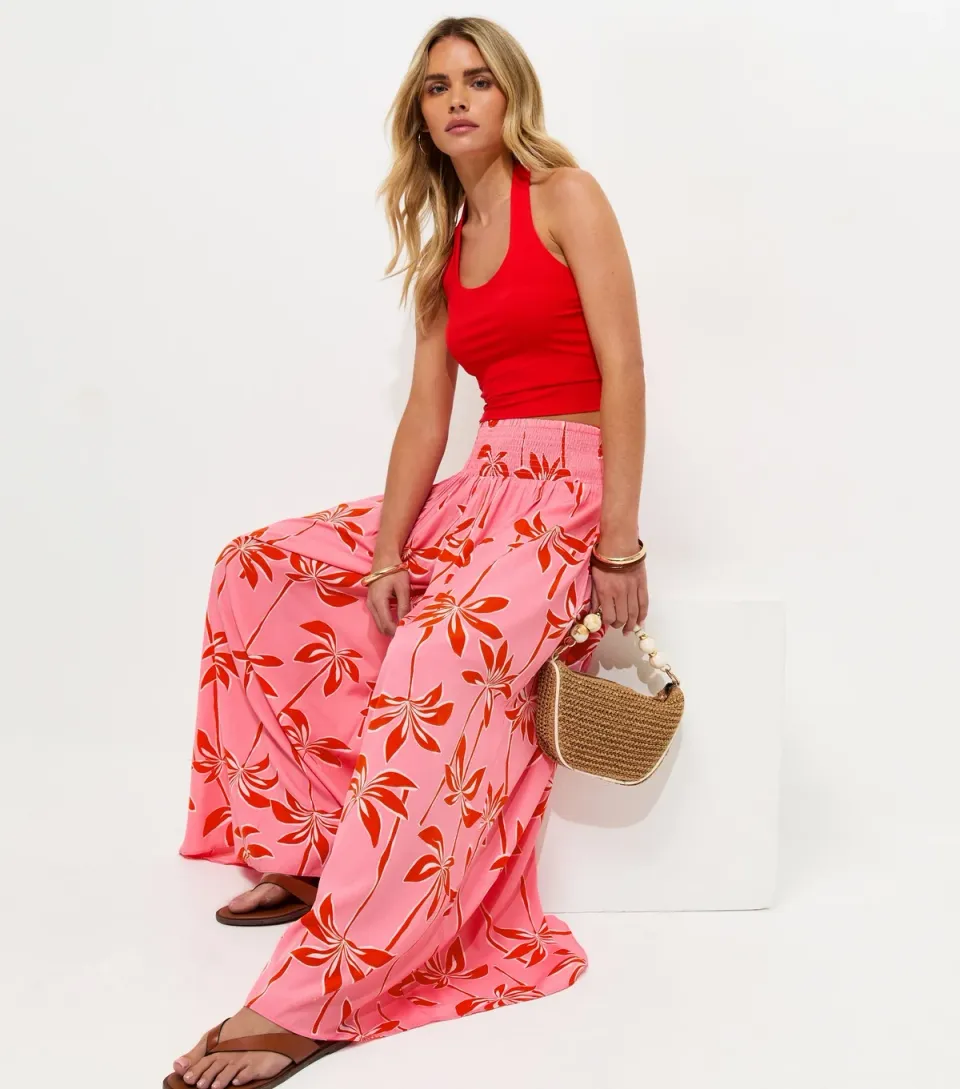 Women's Petite Pink Palm Print Palazzo Trousers