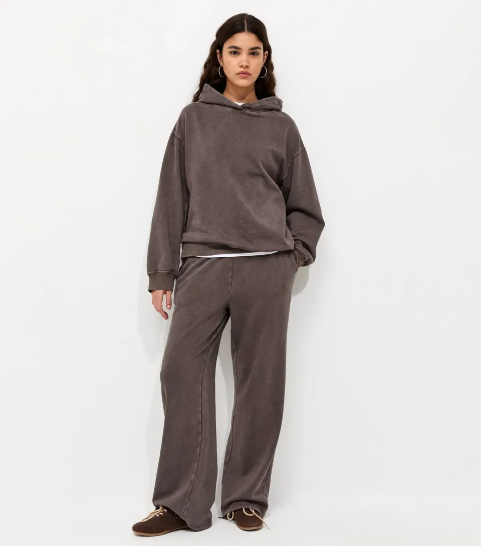 Women's Brown Cotton Rich Acid Wash Wide Leg Joggers