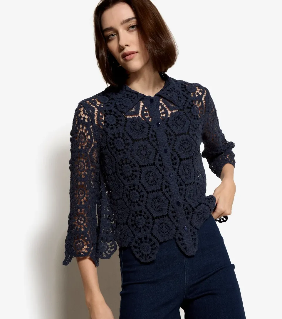 Women's Navy Crochet Shirt Top