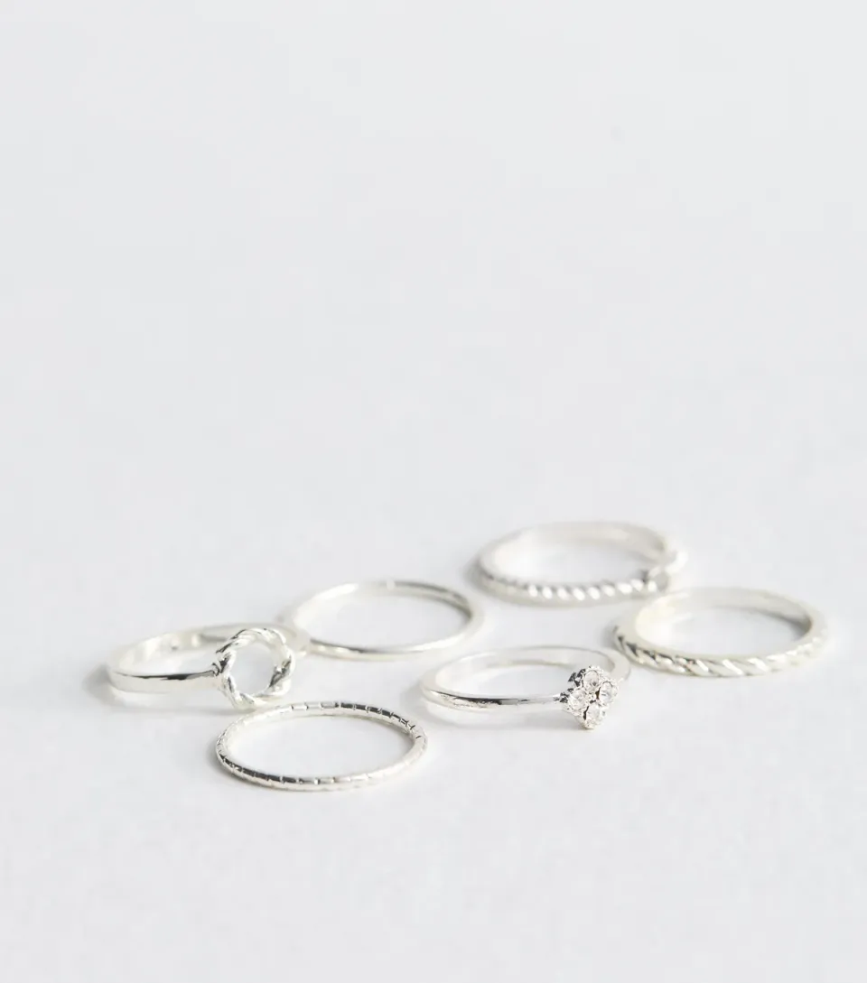 6 Pack of Silver Tone Flower Twist Diamanté Rings