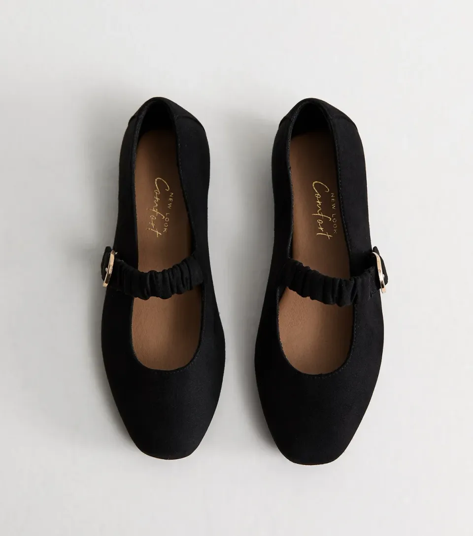 Women's Wide Fit Black Faux Suede Ruched Strap Mary Jane Shoes Vegan