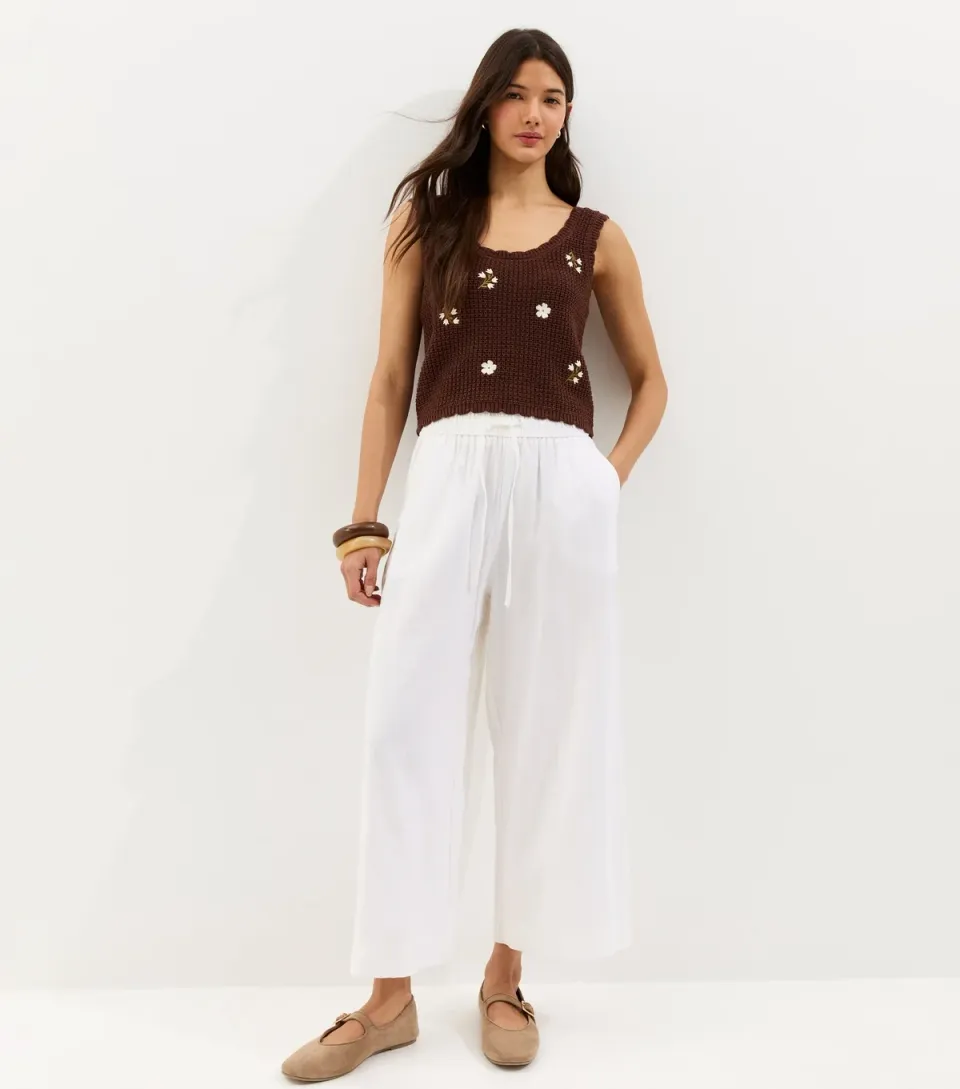 Women's White Linen Blend Crop Trousers
