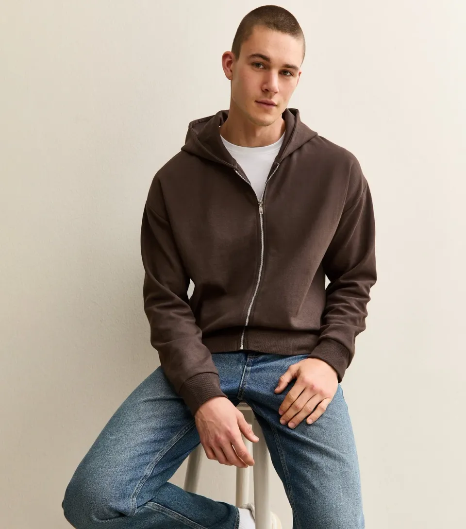 Men's Brown Oversized Zip Through Hoodie